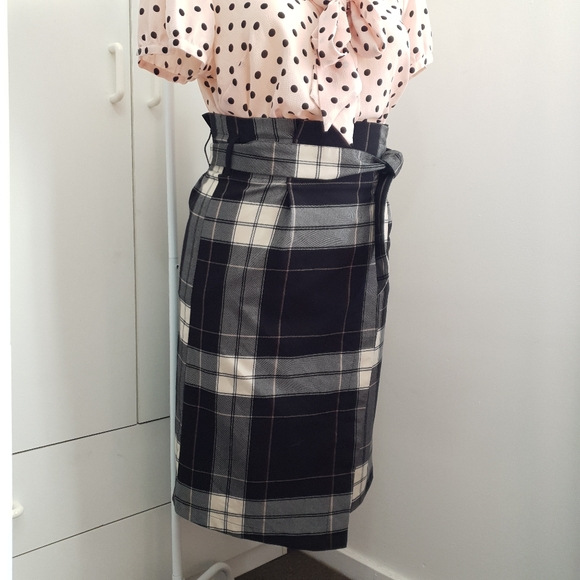 NWT AU 14 Dotti Black White Plaid Midi Belt Wrap Skirt - Picture 10 of 16